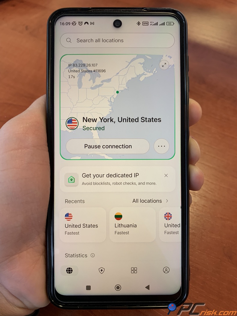 NordVPN connesso a un server negli Stati Uniti
