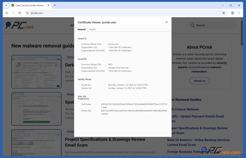 Dettagli del certificato SSL in Chrome