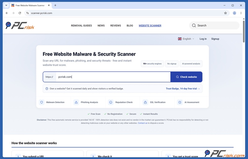 Pagina iniziale di PCrisk Website Scanner