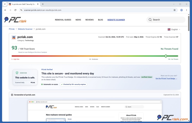 Risultati della scansione di PCrisk Website Scanner
