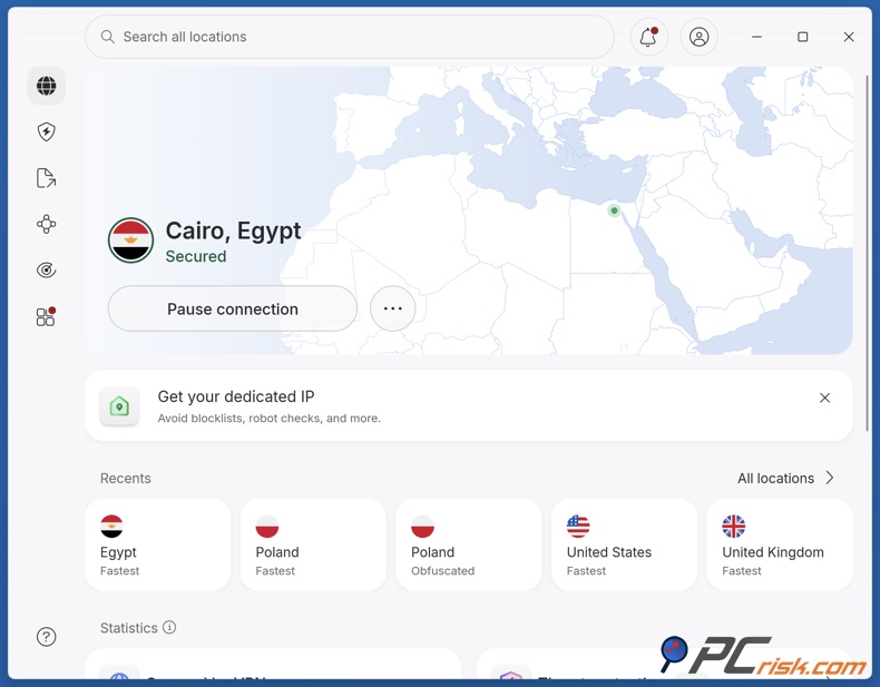 NordVPN connesso all'Egitto
