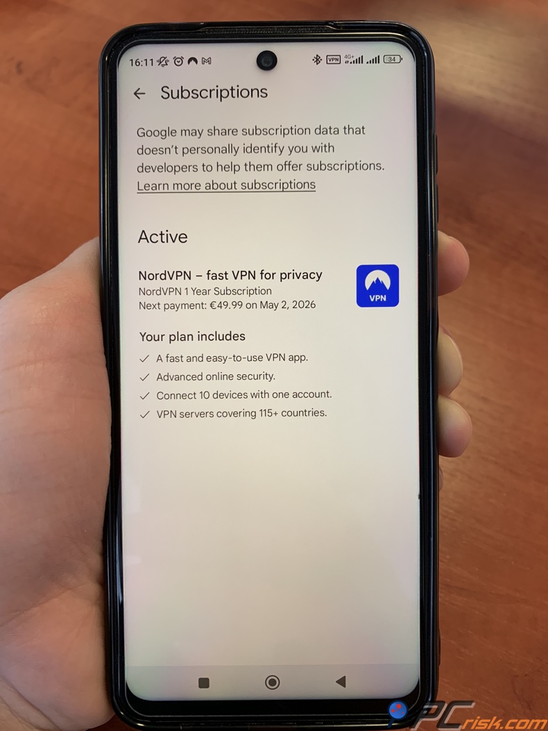 Informazioni sull'abbonamento NordVPN nel Google Play Store