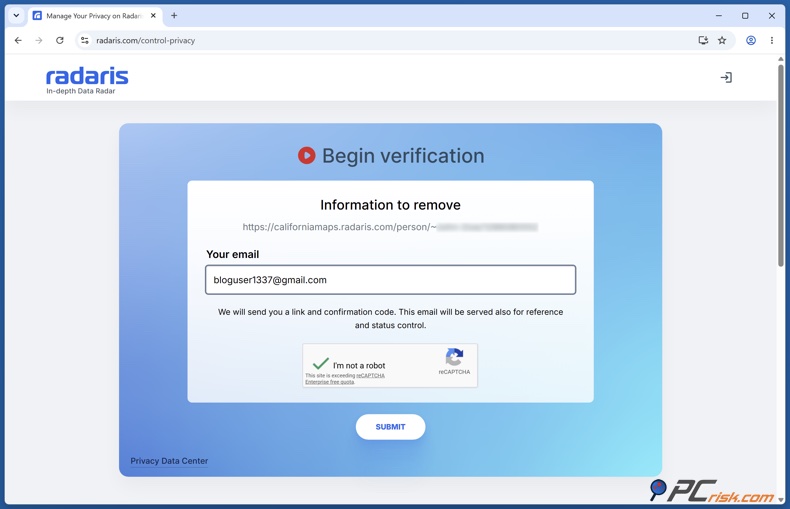 Verifica email Radaris