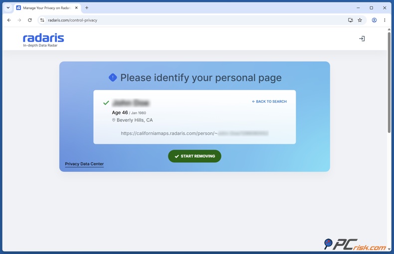 Identificazione della pagina personale Radaris