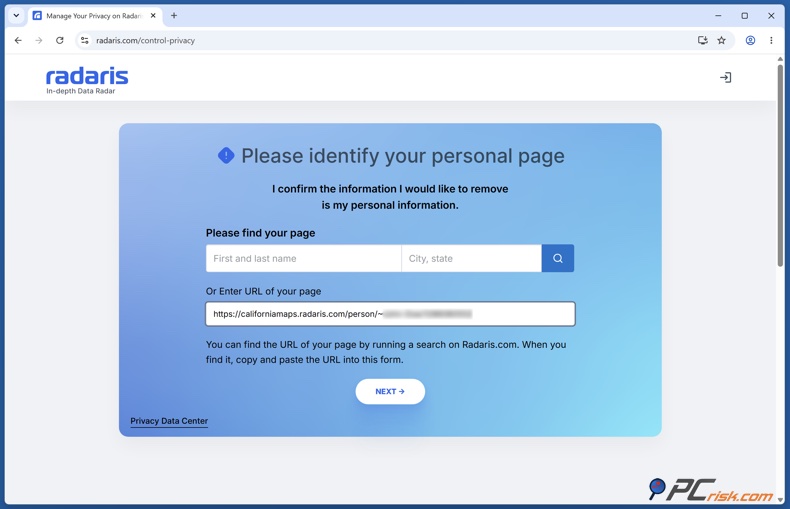 URL della pagina personale Radaris