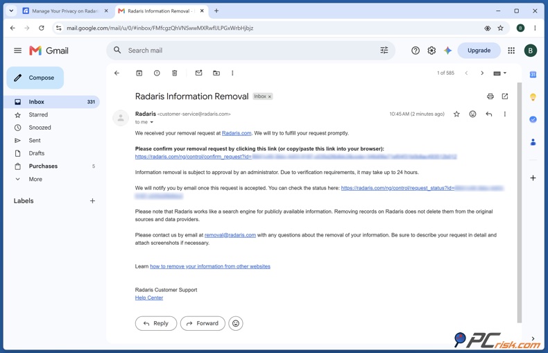 Email di verifica Radaris
