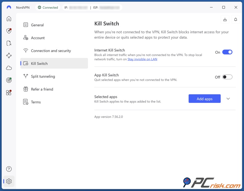 Abilita NordVPN kill switch