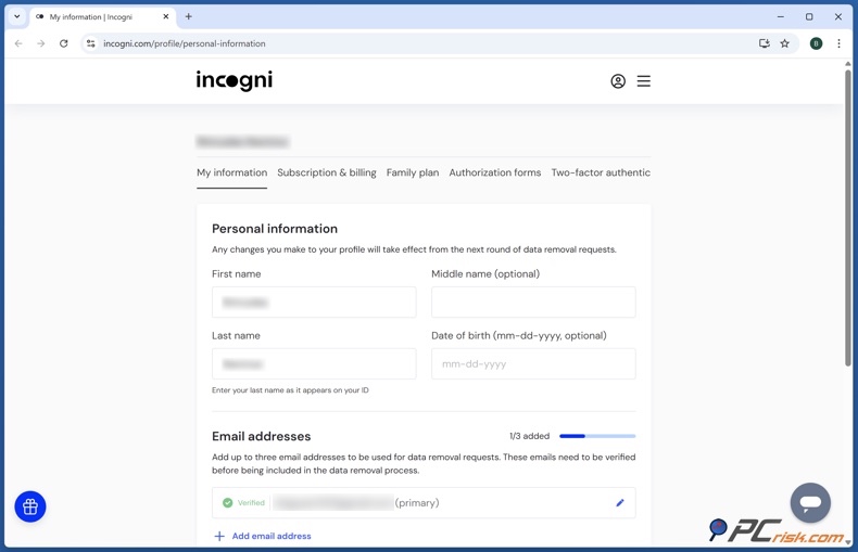 Informazioni personali di Incogni