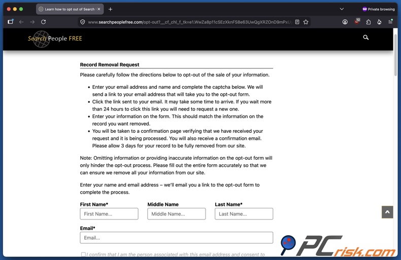 Pagina di opt-out di SearchPeopleFREE
