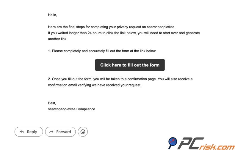 Email di opt-out di SearchPeopleFREE