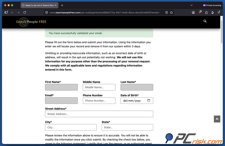 Modulo di opt-out di SearchPeopleFREE