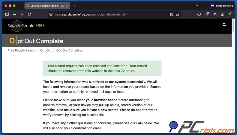 Richiesta di opt-out di SearchPeopleFREE accettata