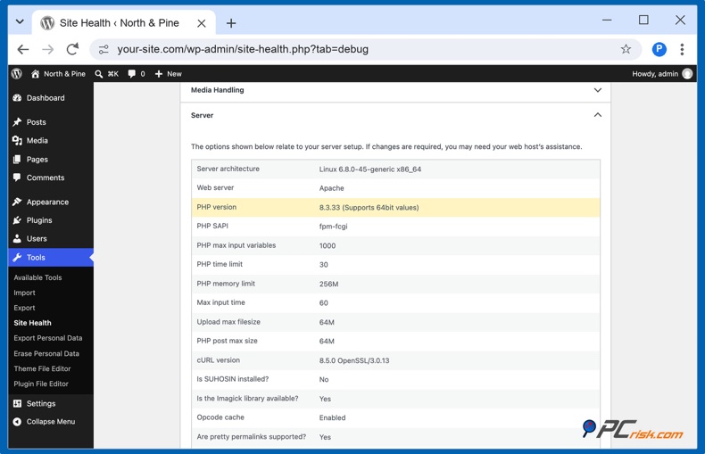 Versione PHP in Salute del sito di WordPress