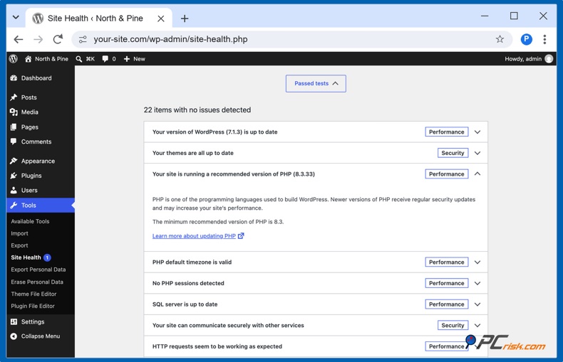 PHP consigliato in Salute del sito di WordPress
