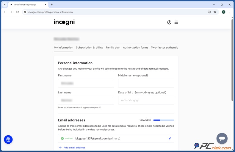 Informazioni personali di Incogni