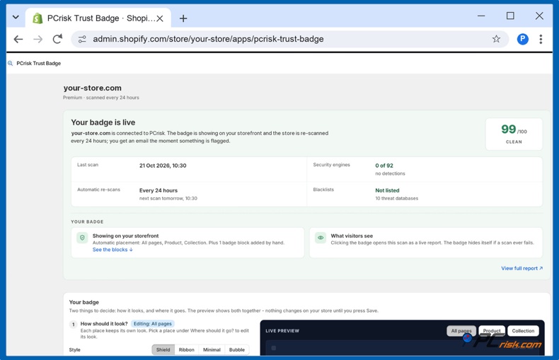 Monitoraggio del negozio con PCrisk Trust Badge