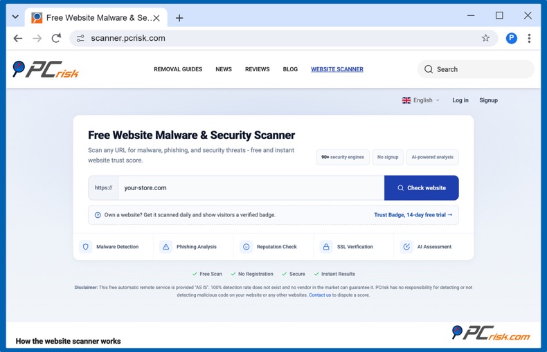 PCrisk Website Scanner durante la scansione di un negozio