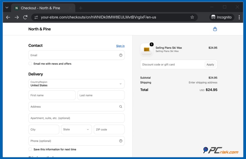 Checkout di Shopify in una finestra privata