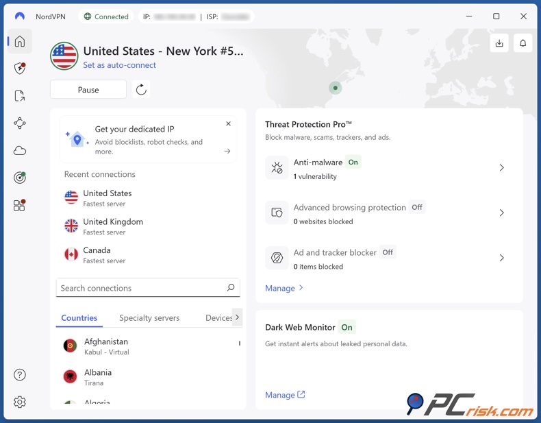NordVPN connesso a un server con sede negli Stati Uniti