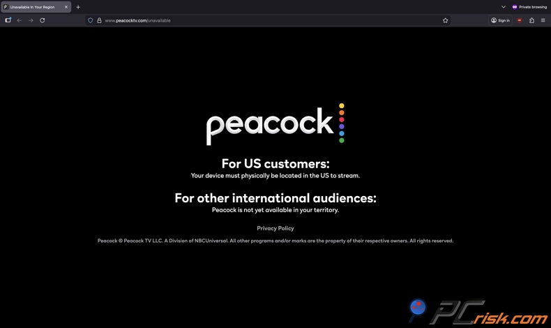 Homepage di Peacock non disponibile