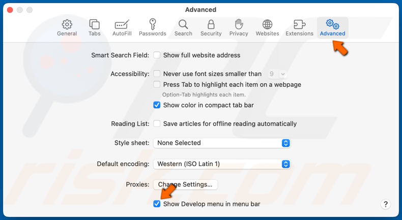 Selezionare la scheda Avanzate e selezionare l'opzione Mostra il menu Sviluppo nella barra dei menu