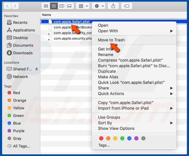 Fai clic con il pulsante destro del mouse sul file com.apple.Safari.plist e fai clic su Sposta nel cestino