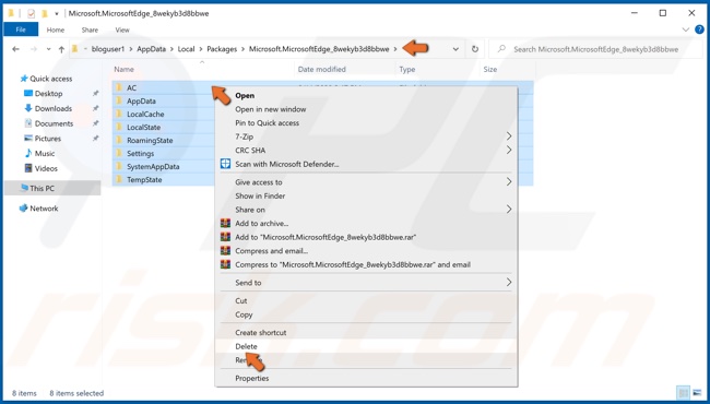 Fare clic con il pulsante destro del mouse su tutti i file Microsoft Edge in Appdata e fare clic su Elimina