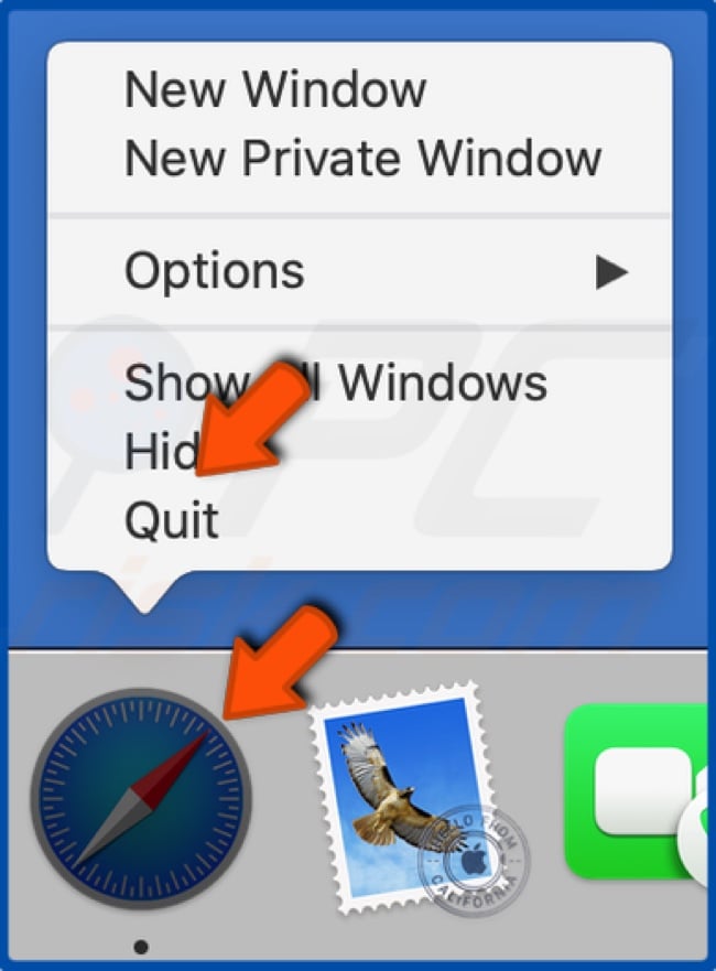 Fai clic con il pulsante destro del mouse sull'icona Safari nel documento e fai clic su Esci