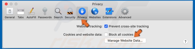 Seleziona Privacy e fai clic su Gestisci dati del sito web