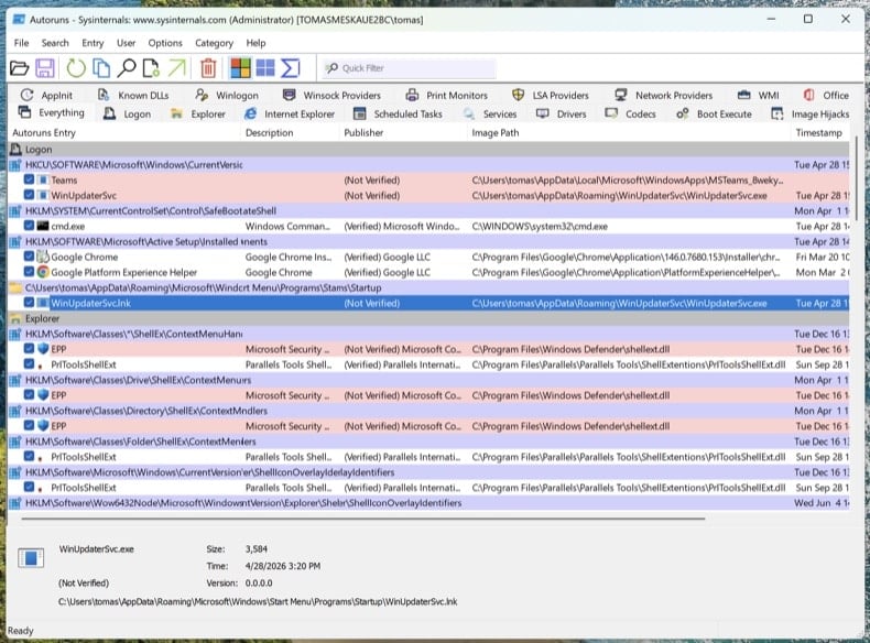 Autoruns 14.x con Hide Microsoft Entries attivato che mostra le schede Logon e Scheduled Tasks