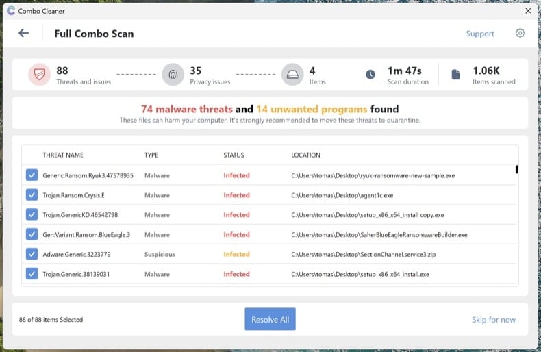 Risultati della scansione completa di Combo Cleaner con le minacce rilevate