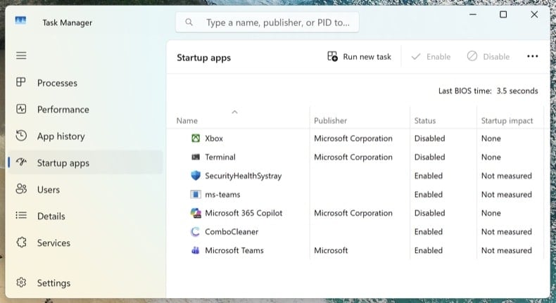 Verifica della rimozione del malware nella scheda App di avvio di Gestione attività di Windows 11