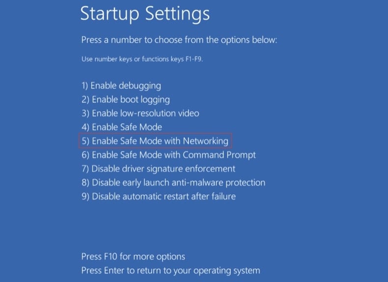 Avviare Windows 10 in modalità provvisoria con rete - premere F5 nella schermata Impostazioni di avvio