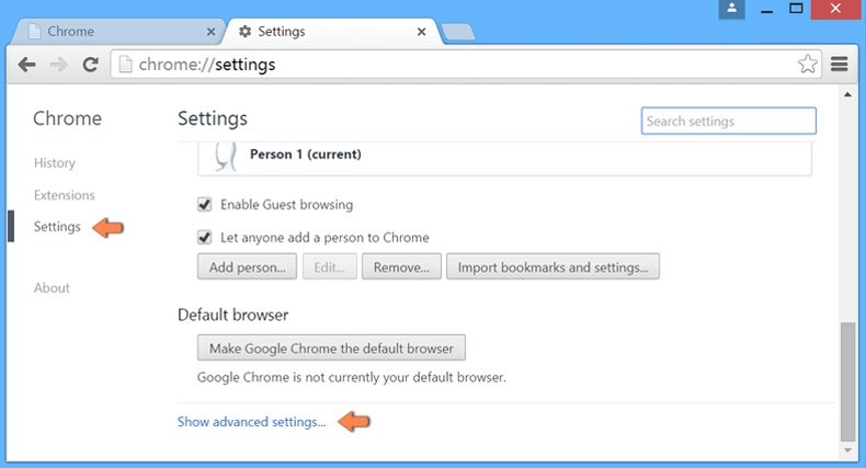 Ripristino Google Chrome impostazione predefinita - le impostazioni di accesso