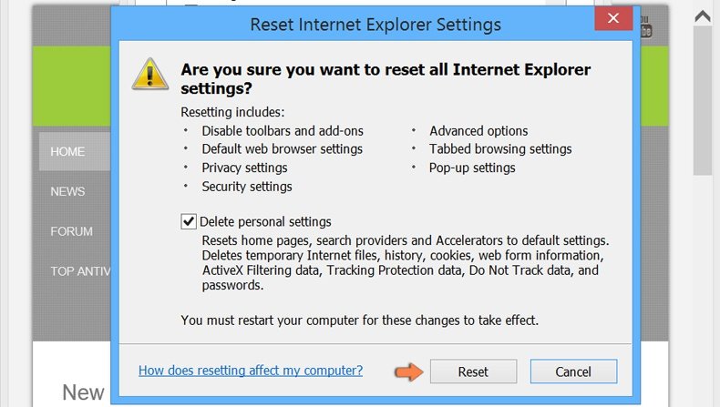 Ripristino delle impostazioni di Internet Explorer di default su Windows 8 - confermare le impostazioni di ripristino predefinite facendo clic sul pulsante di reset