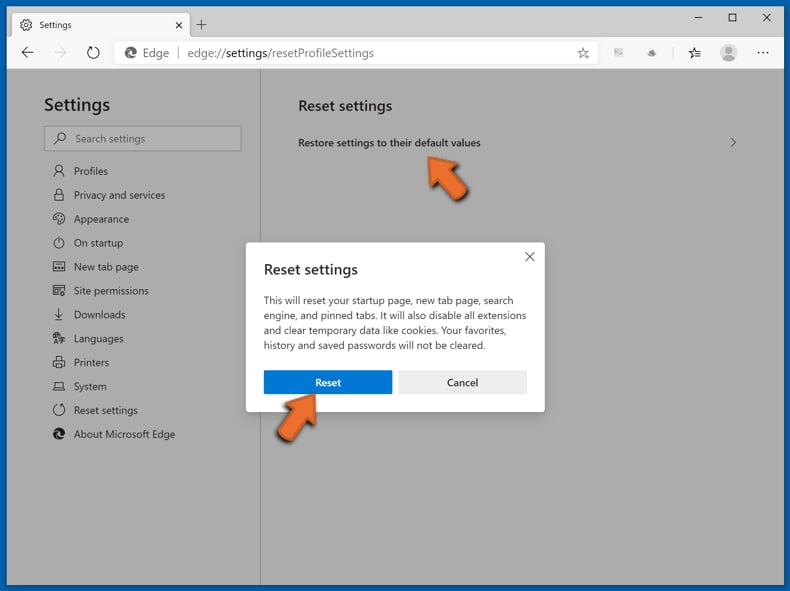 Microsoft Edge (Chromium) reset passo 3