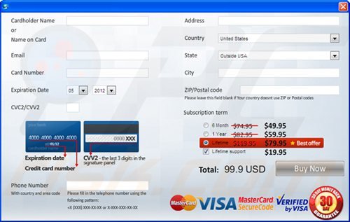 esempio di una pagina web utilizzata per raccogliere i pagamenti per i programmi antivirus falsi