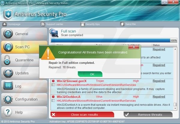 Antivirus Security Pro dopo aver inserito il codice di registrazione