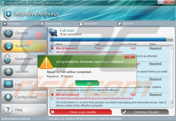 Attentive Antivirus dopo aver inserito il codice di attivazione