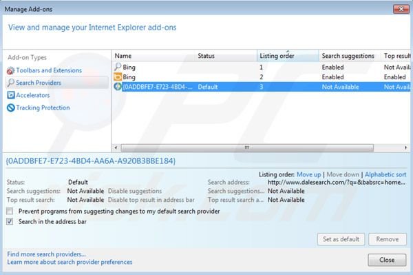 Dalesearch motore di ricerca predefinito in Internet Explorer