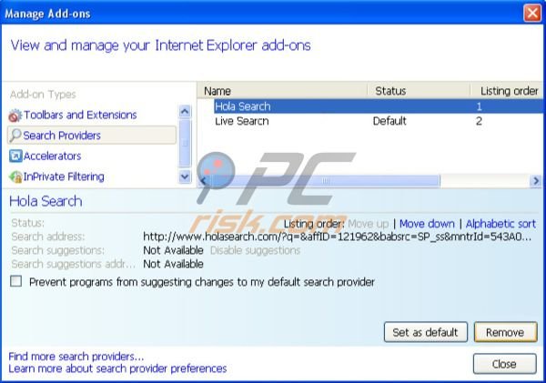 Holasearch.com rimozione da Internet Explorer