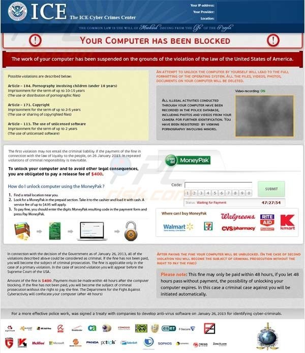 The ICE Cyber Crime Center - Computer Bloccato MoneyPak ransomware