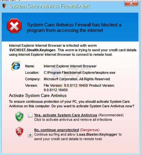 System Care Antivirus falso firewall di allerta