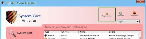System Care Antivirus rimozione tramite codice di registrazione passo 1