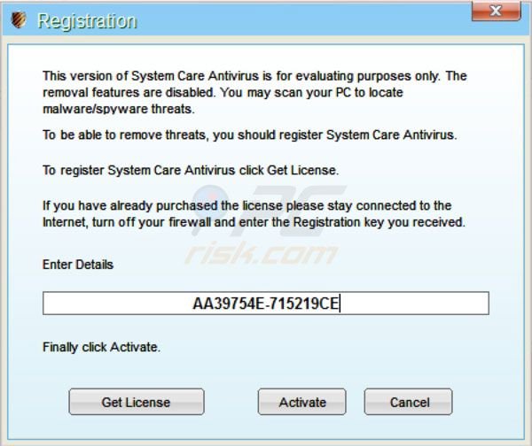 System Care Antivirus rimozione tramite codice di attivazione passo 2
