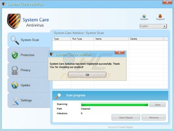 System Care Antivirus registrazione con successo