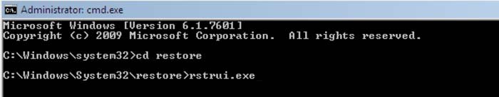 ripristino sistema con prompt dei comandi digitando rstrui.exe