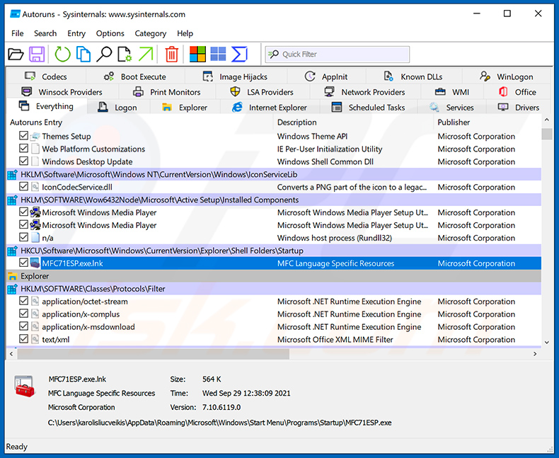 Aspetto dell'applicazione Autoruns