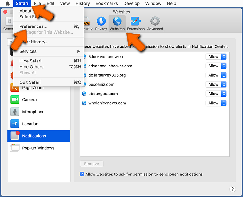 Disattiva le notifiche del browser Web in Safari - macOS (passaggio 1)