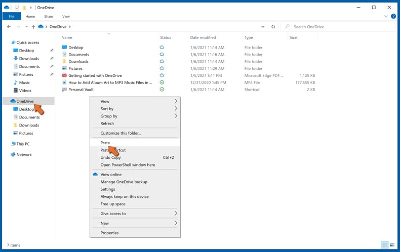 Incolla il file copiato nella cartella OneDrive per creare un backup
